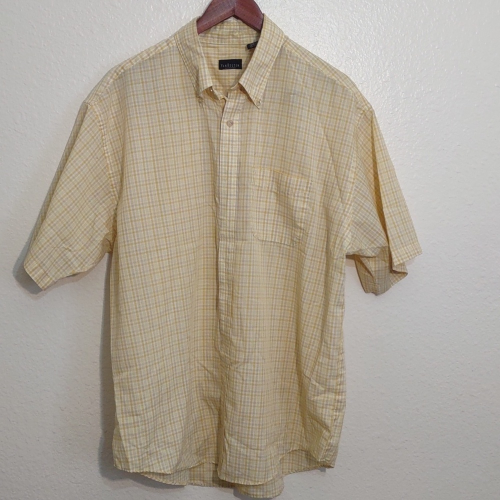 USED VAN HEUSEN BUTTON DOWN YELLOW CHECKERED SHIRT SHORT SLEEVE L 16-16 1/2